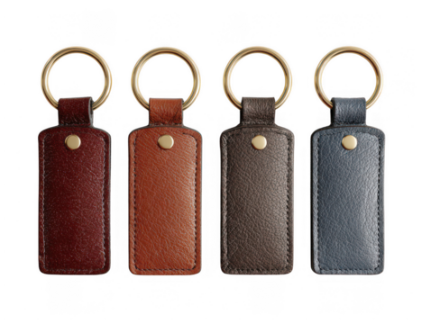 Four leather keychains isolated on transparent background