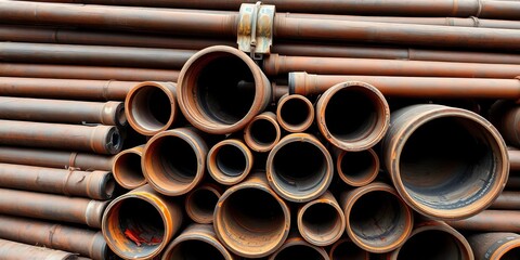Rusting industrial pipes stacked haphazardly, showing texture and age,  rust,  metallic texture