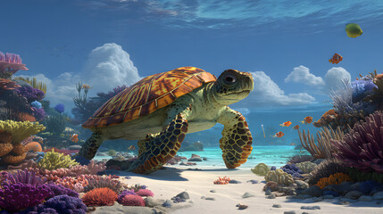 3d cartoon Of a giant sea turtle walking