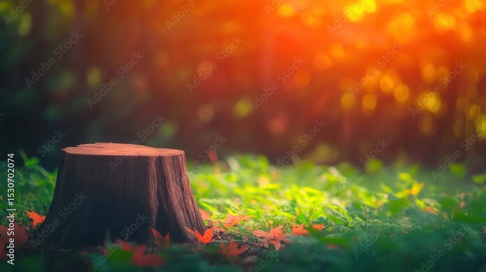 Poster sunlight filters through trees illuminating a tree stump in the forest