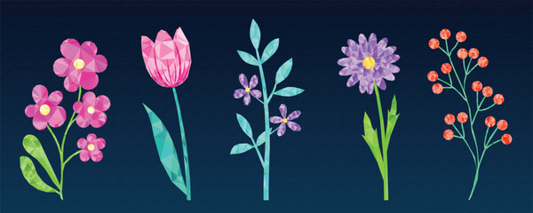 Obraz premium Geometric Low Poly Flowers Vector Set on Dark Background.