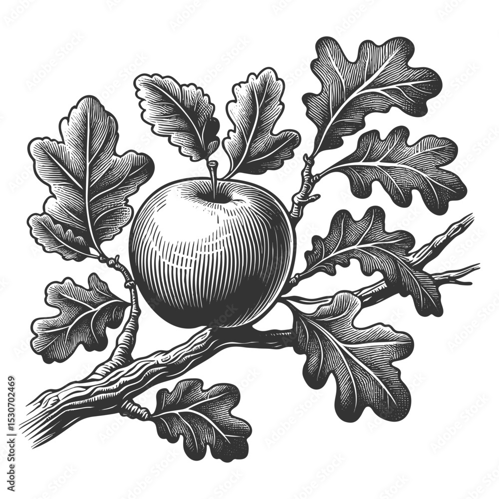 Poster apple growing on an oak tree branch with distinct oak leaves, blending realism with surreal botanica