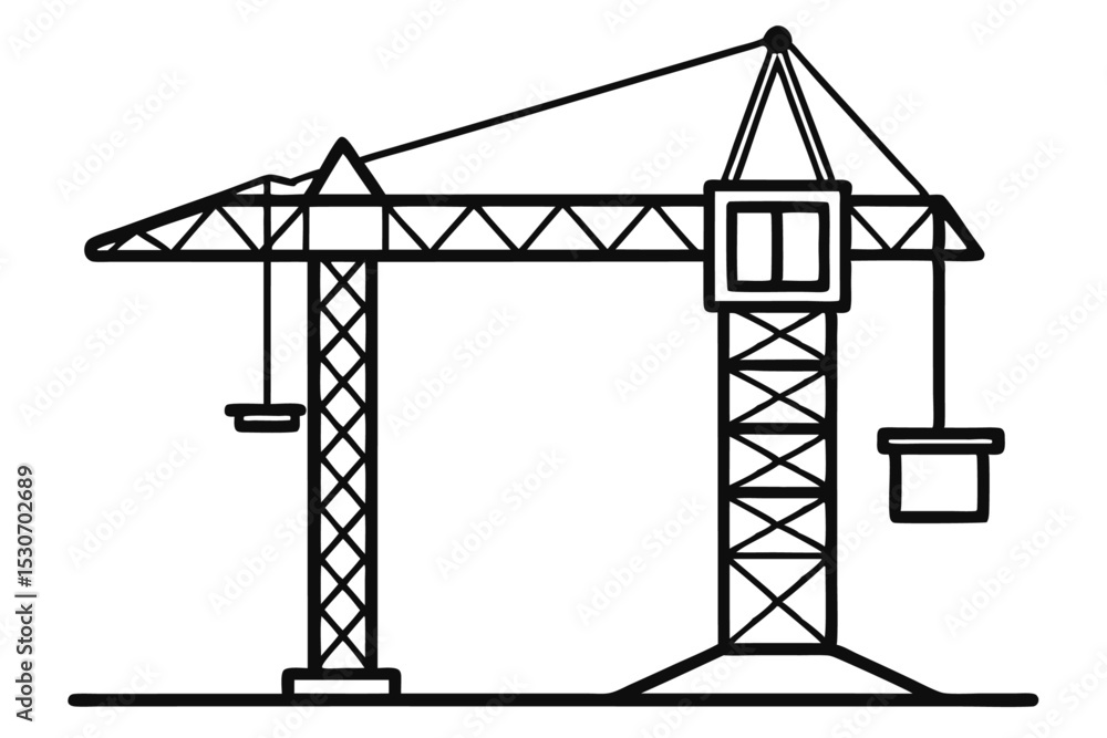 Poster single line continuous outline drawing of a tower crane isolated on transparent background
