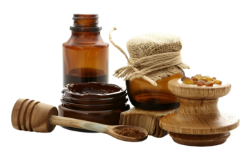 Natural Spa Ingredients Brown Amber Jars Wooden Utensils