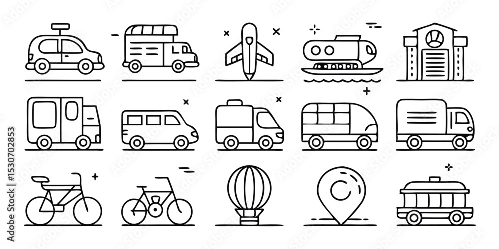 Poster transportation line icons set editable stroke pixel perfect isolated on transparent background