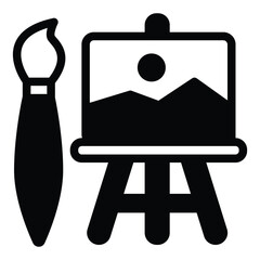 Easel with picture and paintbrush solid icon, exhibition concept. Vector graphics. Wooden easel with painting and brush sign on white background, style mobile or design.