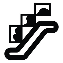 Escalator with banners, paintings solid icon, exhibition concept. Vector graphics. Promotion, mall advertising sign on white background, style mobile or design.