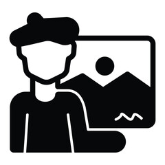 Artist man and painting solid icon, exhibition concept. Vector graphics. Landscape picture and author, famous person sign on white background, style mobile or design.