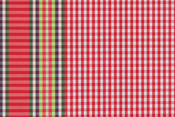 Colourful traditional woven fabric and check patterns with red, blue and green colours