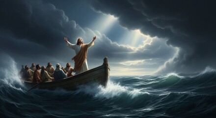 Jesus calming storm amidst disciples, a testament to divine power and faith