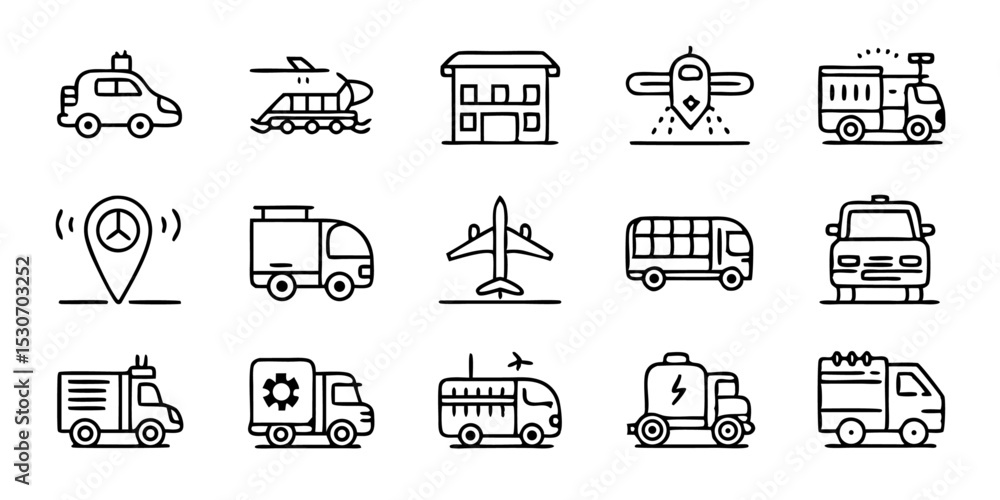 Poster transportation line icons set editable stroke pixel perfect design isolated on transparent backgroun