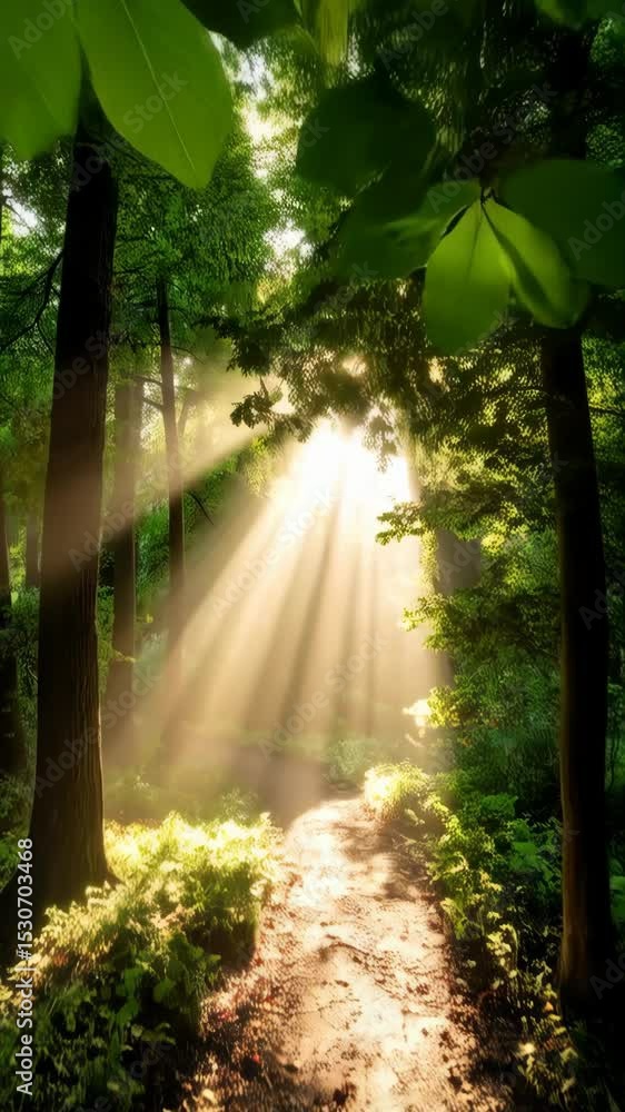 Poster sun rays through trees illuminating a footpath in lush green forest, woodland natural light filterin
