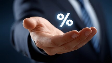 Hand of a businessman presenting a glowing percentage symbol