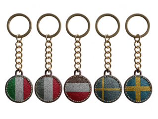Five leather keychains with european flags isolated on transparent background