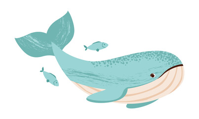 Underwater scene with a cute whale. Aquatic illustration featuring fish and sea creatures. Flat vector illustration.