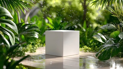 White cube podium display in lush green natural setting with water droplets