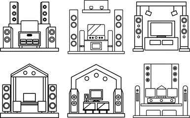 Set of Home theater system black outline vector and illustration, coloring book page