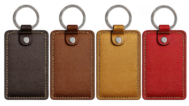 Four leather keychains isolated on transparent background