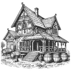 Obraz premium rustic tavern cottage with barrels, wooden cart, flowers, and detailed architecture sketch engraving generative ai vector illustration. Scratch board imitation. Black and white image.