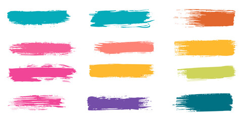 Colorful hand painted brushstrokes, smears in vector, rough ink brush strokes set, textured textboxes, hand-drawn design elements, paintbrush effect backgrounds, vector illustration