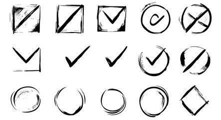 Grungy hand drawn checkboxes, vector doodle icons, X and V marks, tick boxes, circles, rough bold marker lines, isolated set, vector illustration, marker sketch, hand drawn symbols.