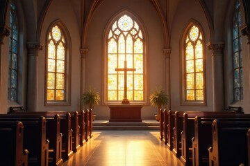 Fototapeta premium A peaceful sanctuary filled with soft light illuminating stained-glass windows and a simple altar, creating a serene atmosphere of reverence and prayer , sanctuary, holy spirit, adoration