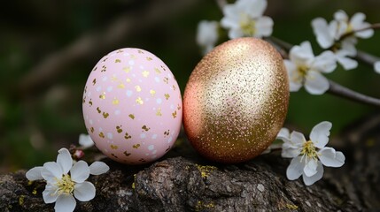 Fototapeta premium Colorful Easter eggs with shimmering finish and flowers in springtime garden