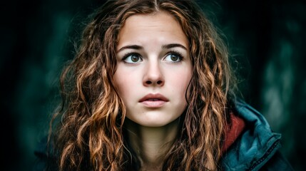 Fototapeta premium Young woman with curly hair and expressive eyes looking thoughtfully into the distance