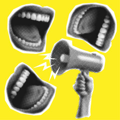Angry mouth screaming into loudspeaker with halftone effect,retro collage cut out element