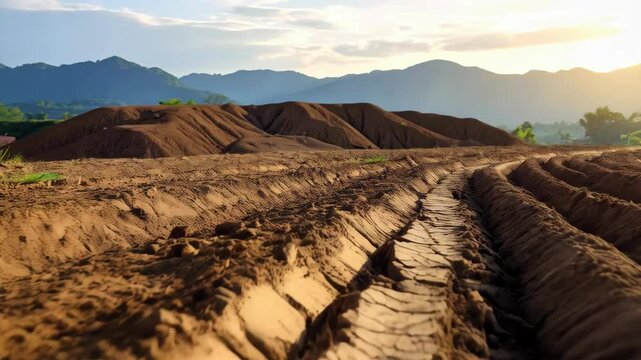 Arid agricultural landscape featuring rows of ploughed earth and mountainous terrain under a sunny blue sky, conveying a sense of desertification and earthworks.