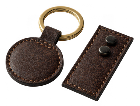 Brown leather keychain with metal ring and tag isolated on transparent background