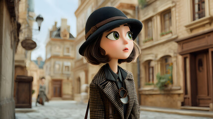 3d Cartoon Of a girl detective in vintage clothes