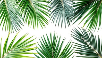 Obraz premium Several vibrant green palm leaves arranged on a pristine white background, closeup, organic