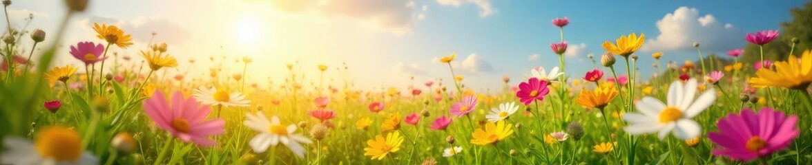 Fototapeta premium A sun-drenched field of wildflowers swaying gently in the breeze, embodying the pure joy and serenity of nature's beauty A vibrant scene of effortless happiness , swaying, flower