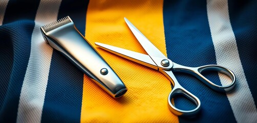 Sharp barber clippers and scissors on a striped towel,  hairstylist,  equipment