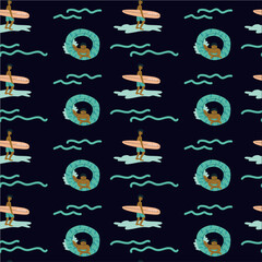 Surfing pattern with men surfer and ocean waves.