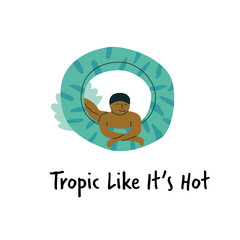 Cartoon swimmer with inner tube and tropical leaf design.