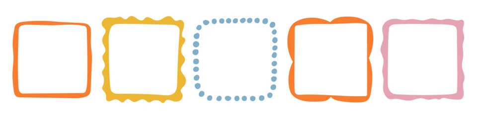 A collection of colorful hand-drawn square frames. Vector decorative borders for scrapbooking, greeting cards, invitations, photo albums, labels, posters, and creative design projects. 