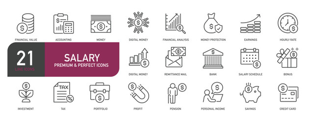 Set of line icons related to salary, income, finance. Outline icons collection. Editable stroke. Vector illustration