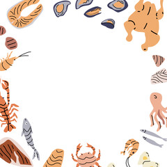 Mediterranean cuisine border design featuring seafood elements for culinary decor.