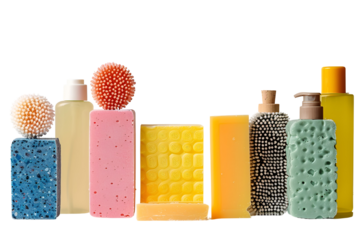 Colorful bath products soaps bottles and brushes arranged in a row