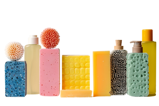 Colorful bath products soaps bottles and brushes arranged in a row