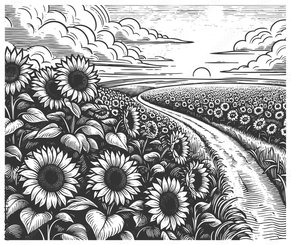 Poster sunflower field with a winding path, tree, and clouds, ideal for rustic and nature-themed designs sk