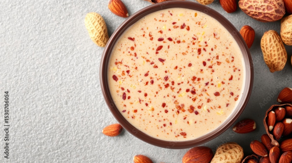 Poster nutritious nut butter blend with spices in a bowl on gray surface