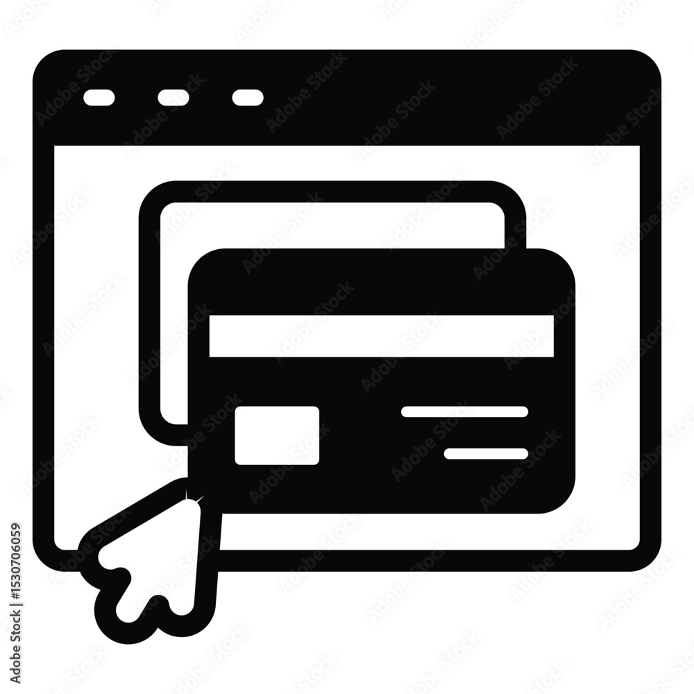 Poster website with credit cards and mouse cursor solid icon, black friday concept. vector graphics. page w