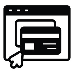 Website with credit cards and mouse cursor solid icon, black friday concept. Vector graphics. Page with payment window sign on white background, style mobile or design.