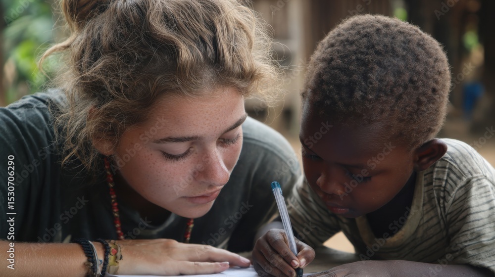 Poster closeup of a volunteer sitting on the ground with a child, teaching them how to read and write in th