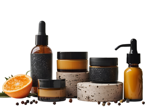 Amber skincare bottles and jars with orange and peppercorns