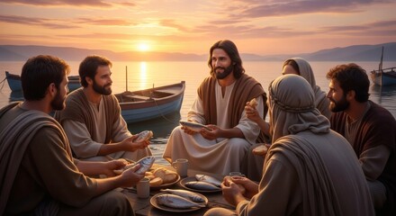 Sharing a meal with disciples by the tranquil Sea of Galilee at sunset