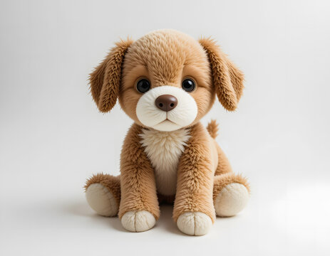 A classic full-body plush toy of an adorable brown and white puppy, sitting attentively with big, soulful eyes, presented on a clean white background.